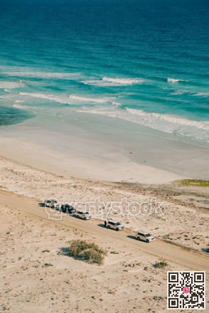 Exploration scene with offroad cars parked on dunes next to sparkling blue sea and sandy shoreline