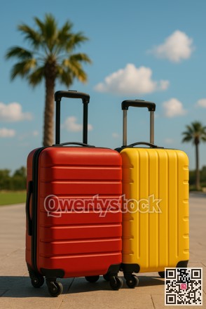 Bright bags on sunny boardwalk. Fashionable carryons ready for sunny escape to coast with style