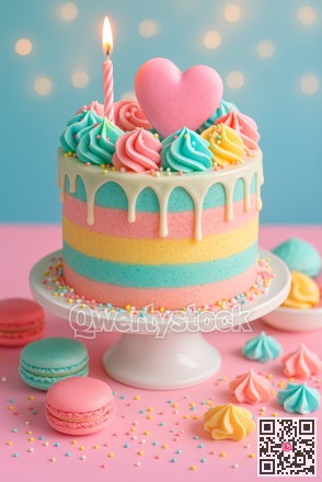 Celebratory arrangement showcasing tiered pastel cake surrounded by confections and shimmering decorations