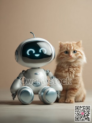Automaton featuring cheerful expression positioned beside calm orange tabby in cozy home environment