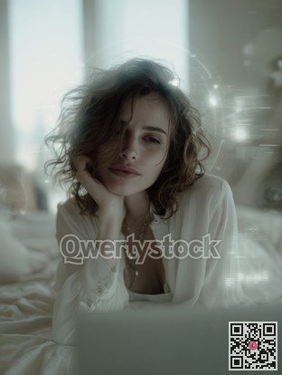 Relaxed lady enjoying quiet morning time, Serene scene of woman in cozy robe working relaxedly