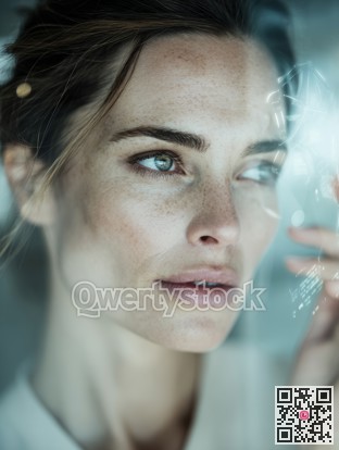 Cinematic shot capturing woman reviewing storyboards with serene and introspective expression
