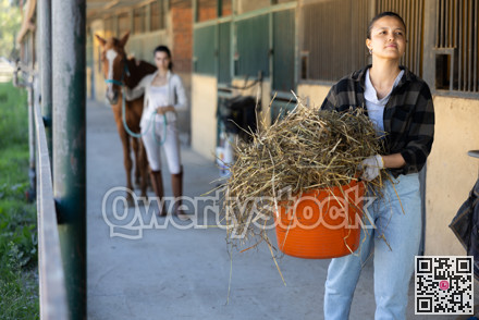Young woman with bucket of hay in stables