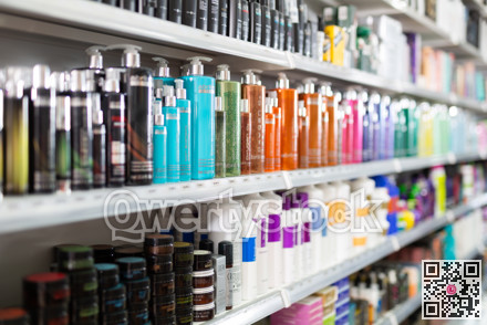 Cosmetics for hair care offered for sale in cosmetic shop of Barcelona