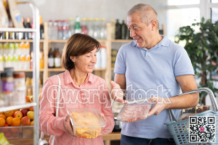 Couple elderly man and woman choosing chicken and pork