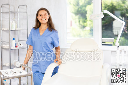 Portrait of female health worker meeting patient in medical office