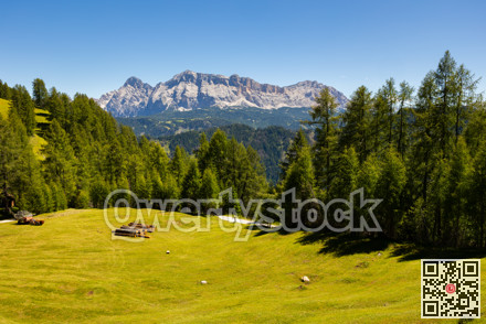 Wooden farm building on hillside in area pass Goma Dolomites