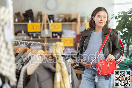 Pregnant woman choosing handbag in clothing store