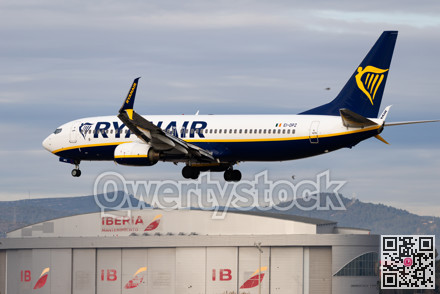 Ryanair Boeing 737-800 airplane approaches for landing at Barcelona Airport