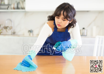 Female cleaning employee having a productive day in kitchen