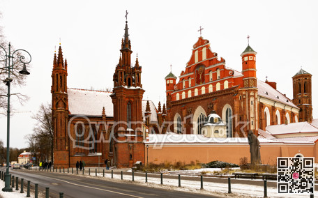 Vilnius. View of roman catholic church of St. Anne and Church of St. Francis and St. Bernard In Old Town in winter day
