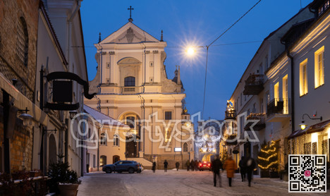 Winter evening, facade of St. Teresas Church in Vilnius