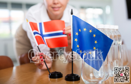 Young woman puts Norway and EU flags on table in office
