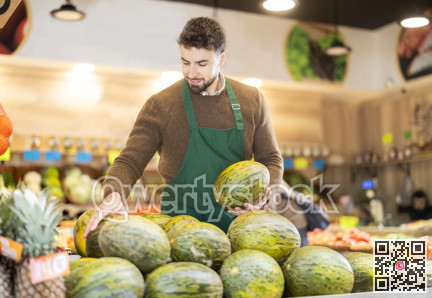 Young man seller puts melon in store
