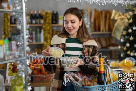 Preparing for Christmas celebration - girl chooses salted herring in produce section of supermarket