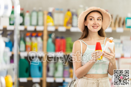 Woman view trademark sign on label, chooses eco friendly sunblock cream