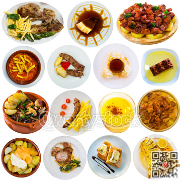 Collage of Spanish dishes on white background