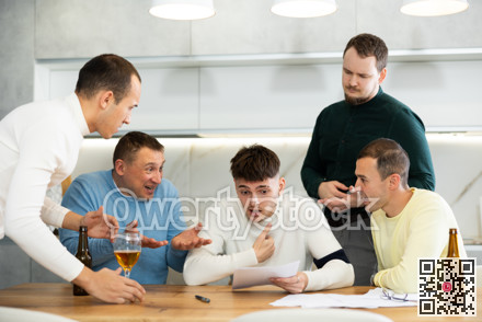 Friends consoling upset worried man reading unexpected medical results