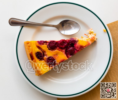 Slice of cherry pie on white plate