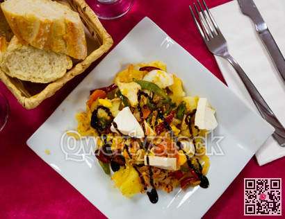 Delicious potatoes and fresh cheese with vegetables, nobody