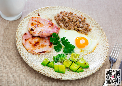 Breakfast: pork, avocado, scrambled eggs and buckwheat