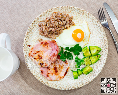 Breakfast: pork, avocado, scrambled eggs and buckwheat