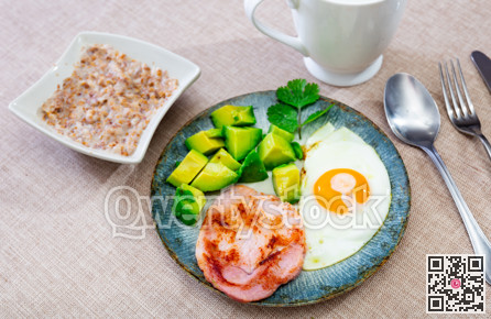 Breakfast: pork, avocado, scrambled eggs and buckwheat