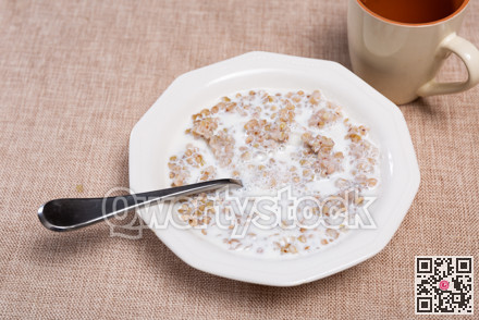 Buckwheat porridge with milk in bowl closeup
