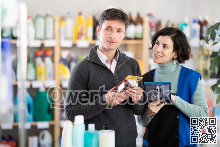 Woman seller offers razor to adult man buyer