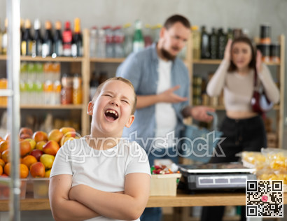 Capricious preteen boy screaming loudly in grocery store