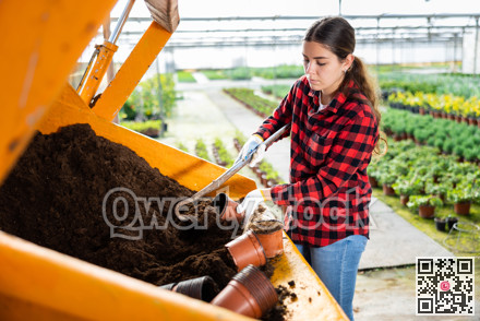 Hardworking young farmer woman fills a flower pot with nutritious soil