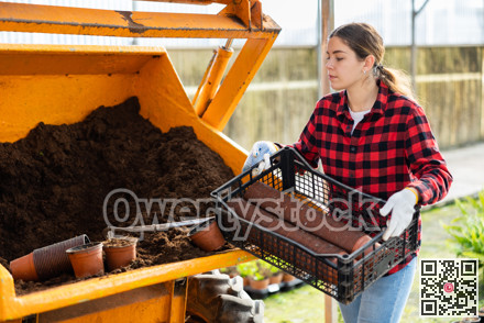 Young woman carrying boxes of flower pots in greenhouse