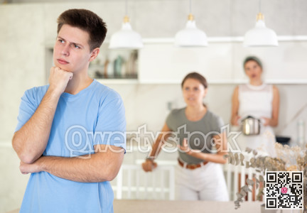 Woman mother and young girl during family quarrel accuse adult son