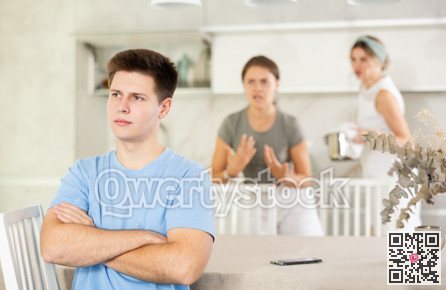 Quarrel of mom, girl and guy. Woman and young girl shouts at guy and accuses her