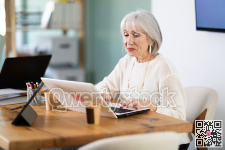 Elderly businesswoman, senior manager, work on laptop in modern company office