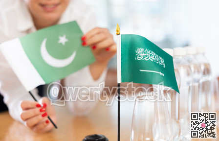 Flags of Pakistan and Saudi Arabia stand on negotiating table in office