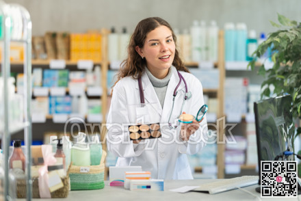 Female pharmacist offers to buy medicinal cosmetics in pharmacy