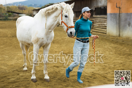 Young woman taking horse to outdoor riding arena for training
