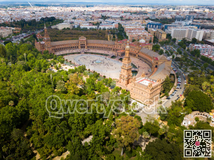 Plaza de Espana at Sevilla with park, view from drone, Andalusia