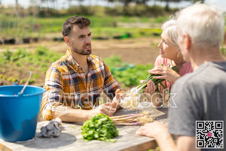 Young man and elderly couple sitting at table with harvest on field
