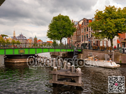 Ships sailing through drawbridge in Haarlem, Netherlands