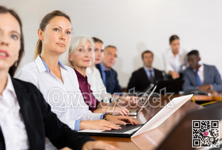 Portrait of business woman using laptop at business meeting