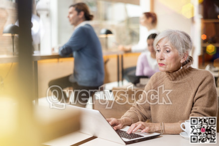 Mature woman spending time in cozy coffeehouse with laptop and coffee