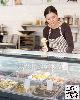 woman on a cafe seller offers ice cream
