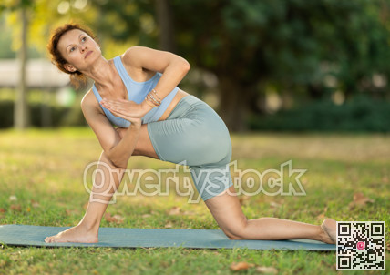 Different yoga poses performed by a slender woman in summer garden