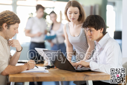 Employees working with laptops and paper documents in office