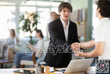Bank manager talking with male client in office