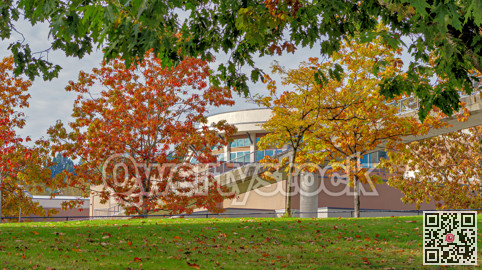 Round office building with crosswalk bridge on autumn season in Vancouver, Canada