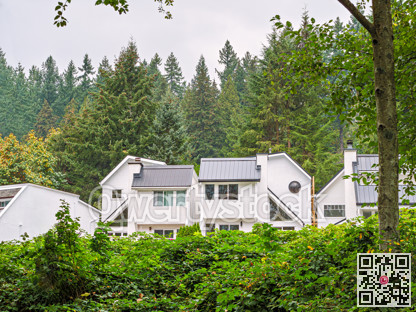 Raw of white residential houses on overcast autumn day in Canada