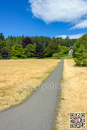 Landscape with long pathway over yellow lawn to a historic residential building